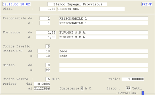 Elenco Impegni: videata d'impostazione parametri