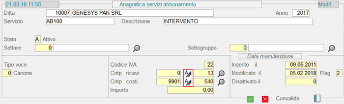 Anagrafica Servizi in Abbonamento