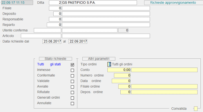 Inquiry Richieste Approvvigionamento: videata d'impostazione parametri