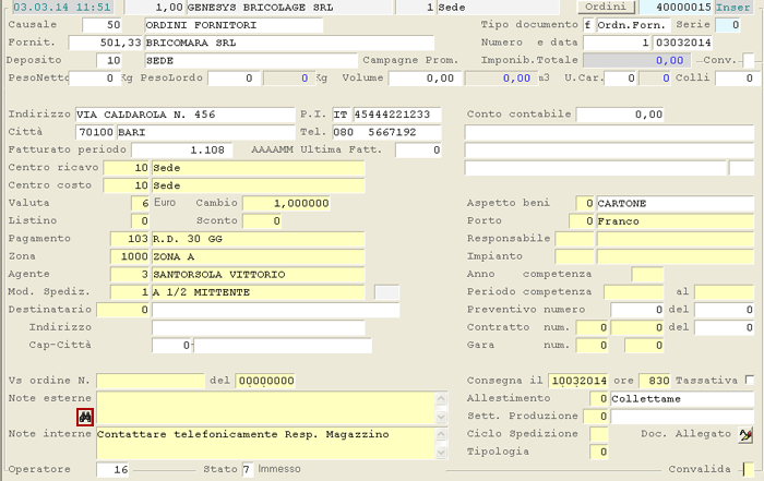 Immissione Ordine a Fornitore: dati di testa