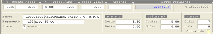 Immissione Ordine a Fornitore: dati del piede