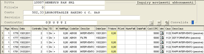 Inquiry Movimenti Abbonamento: visualizzazione data-grid