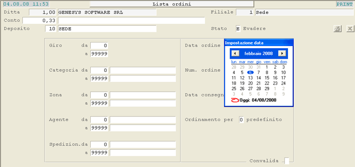Lista Ordini: videata di selezione