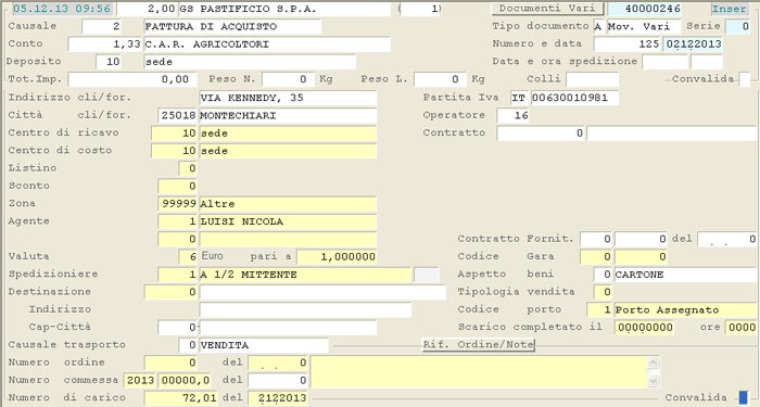 Immissione Documento di Acquisto: dati di testa
