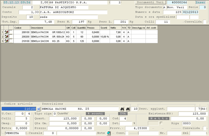 Immissione Documento di Acquisto: input righe di corpo