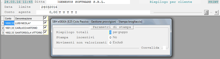 Stampa Brogliaccio Provvigioni - Riepilogo per Clienti: videata di selezione