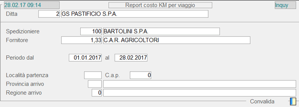 Report Costo KM per Viaggio: videata di selezione