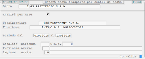 Report Trasporti per Centri di Costo: videata di selezione