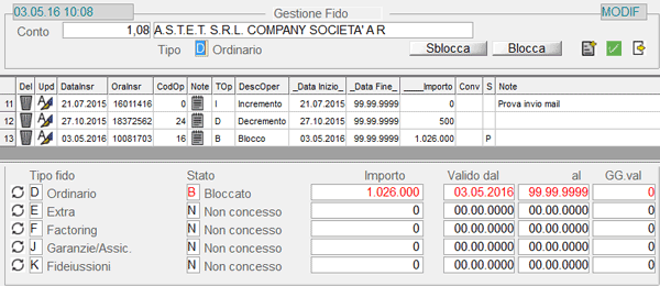 Clienti: window Gestione Fido