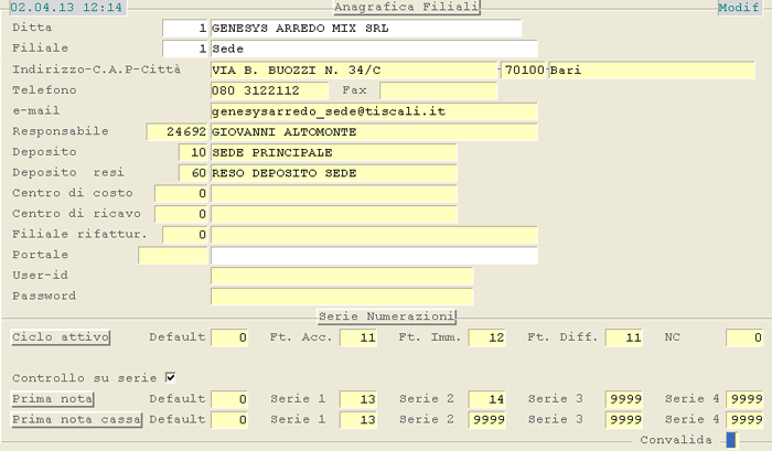 Anagrafica Filiale: 1° videata
