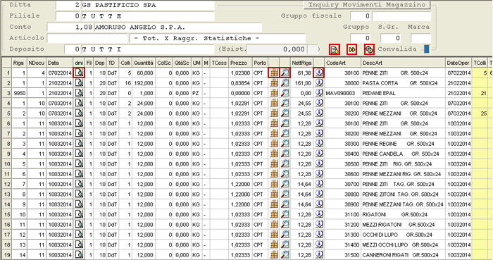 Inquiry Movimenti Magazzino: visualizzazione movimenti nel data-grid (parziale della videata)