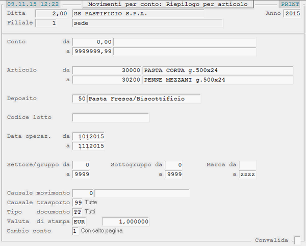 Reports Movimenti per Conto: videata di selezione