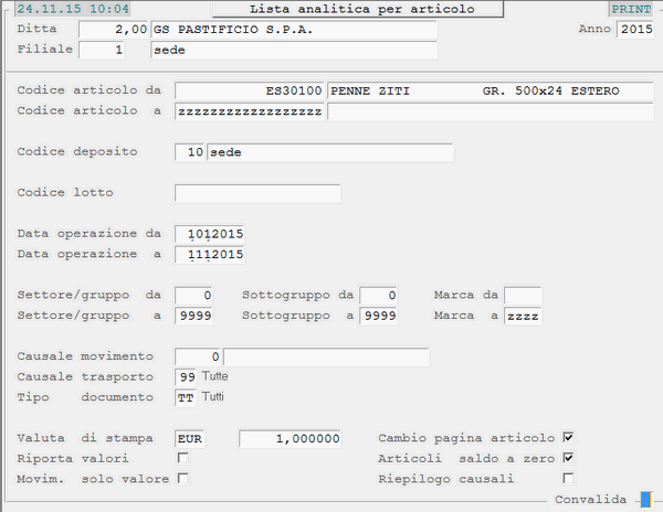 Reports Movimenti per Articolo: videata di selezione