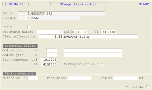 Lista Ordini: videata di selezione