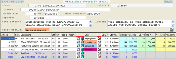 Programmazione Ordini di Produzione: parziale della videata di Elaborazione