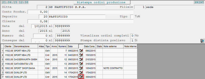 Ristampa Ordini di Produzione: elenco Odv/Contratti selezionati