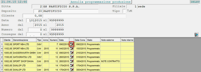 Annulla Programmazione: elenco Odv/Contratti selezionati