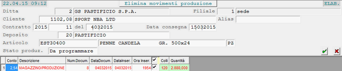 Elimina Movimenti Produzione: elenco Documenti di Carico Produzione