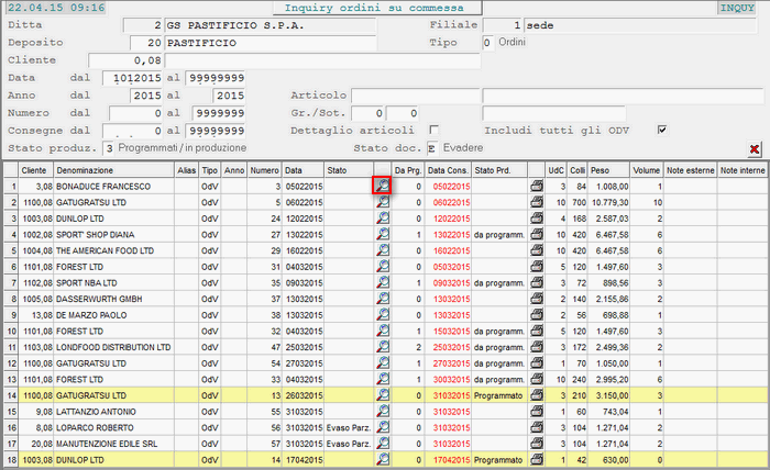 Inquiry Ordini su Commessa: visualizzazione data-grid