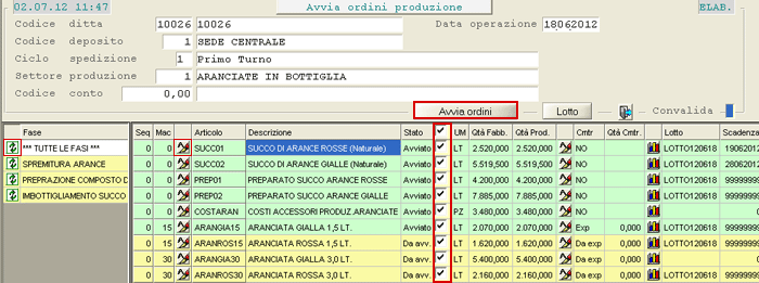 Avvia Ordini da Produzione Fresco: visualizzazione Articoli da avviare