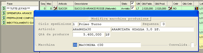 Avvia Ordini da Produzione Fresco: window modifica Macchina di produzione/confezionamento