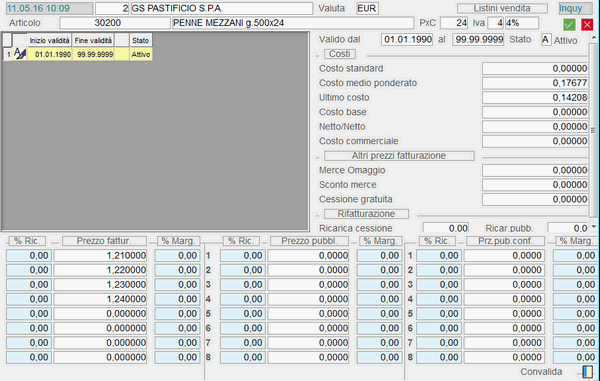 Inserimento/Modifica Listini Vendita