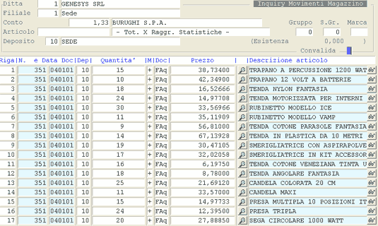 Inquiry Movimenti Magazzino: visualizzazione movimenti nel data-grid (parziale della videata)