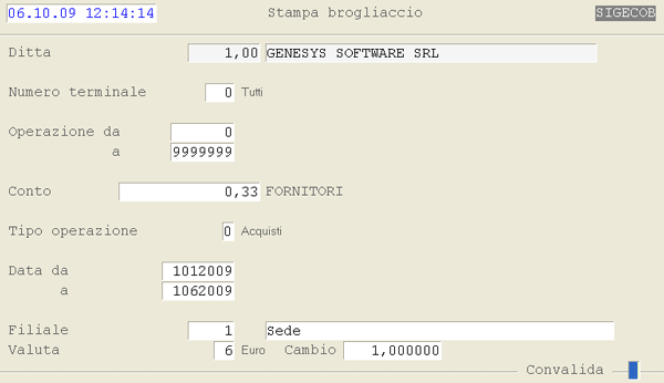 Stampa Brogliaccio: videata di selezione