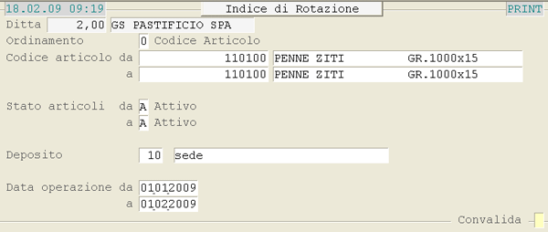Report Indice di Rotazione: videata di selezione