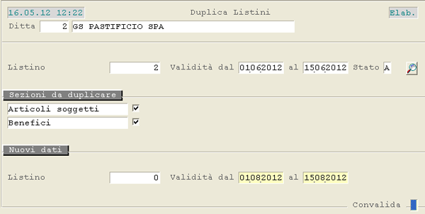 Duplica Listino: videata di selezione