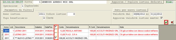 Aggiorna e Duplica Listini Dedicati: data-grid Listini candidati all'operazione