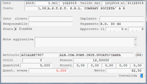 Inquiry Contratti in formato Analitico: window di dettaglio