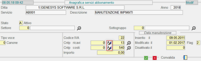 Anagrafica Servizi in Abbonamento