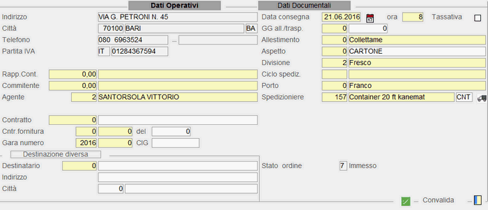 Immissione Ordine Cliente: dati operativi
