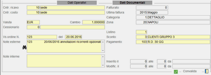 Immissione Ordine Cliente: dati documentali