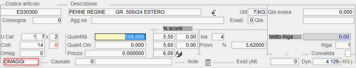 Impostazione numero Colli: registrazione Omaggio