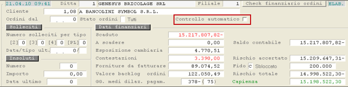 Check Finanziario Ordini: visualizzazione dati contabili e finanziari del Cliente