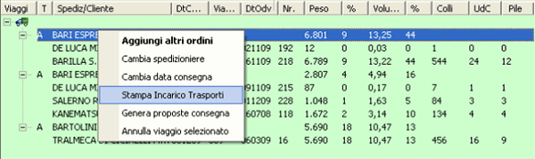 Sezione Viaggi: option-list su Riga Viaggio