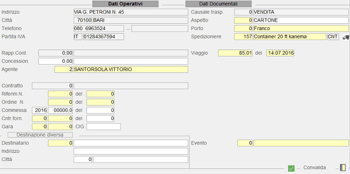 Immissione Documento di Consegna: dati operativi