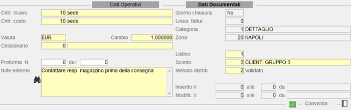 Immissione Documento di Consegna: dati documentali