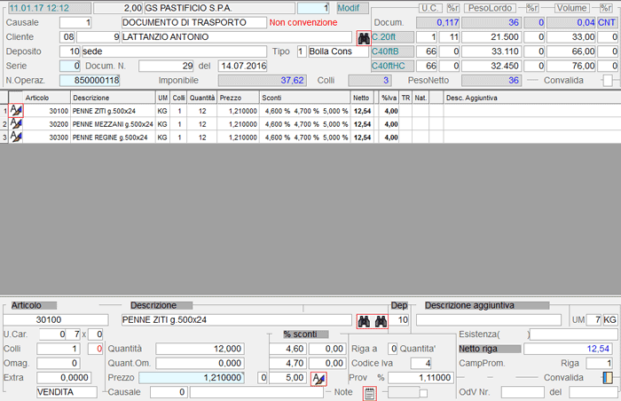 Immissione Documento di Consegna: input righe di corpo