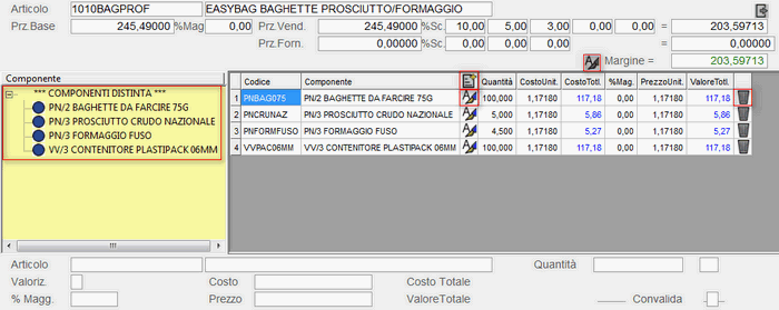 Input Articolo Composto: visualizzazione dettaglio Componenti