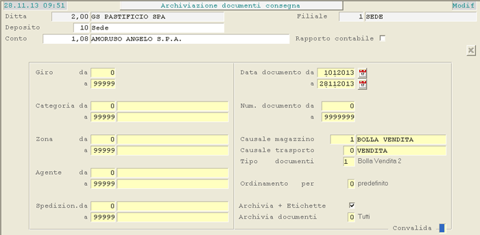 Varia & Archivia - Lista Documenti: videata d'impostazione parametri