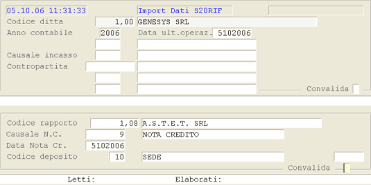 Import Concessionari: videata di selezione