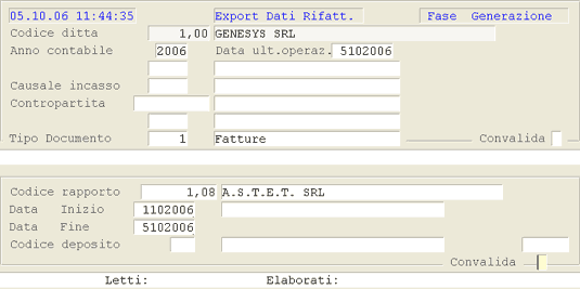 Export Rifatturazione: videata di selezione