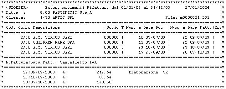 Export Rifatturazione: prospetto riepilogativo