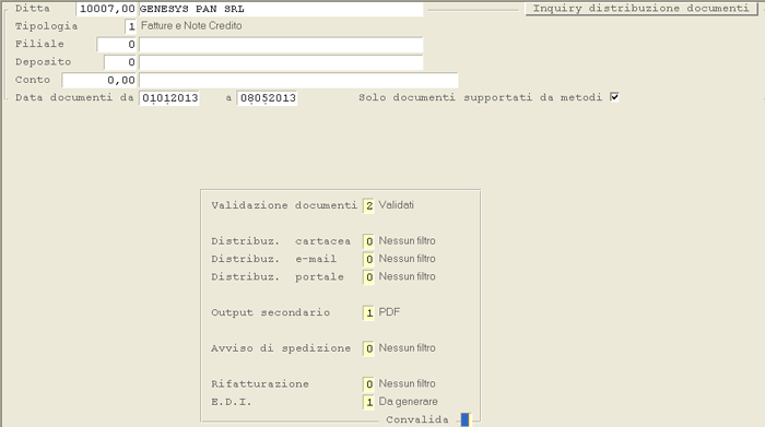 Inquiry Distribuzione Documenti: impostazione parametri filtro