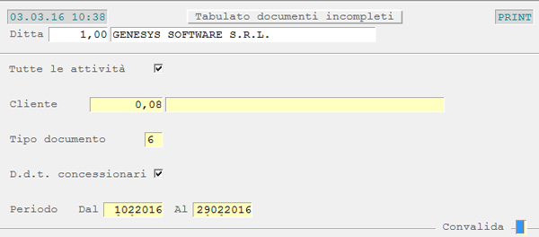 Tabulato Documenti di Vendita Incompleti: videata d'impostazione parametri