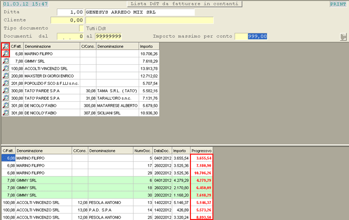 Lista D.d.t. da fatturare in Contanti