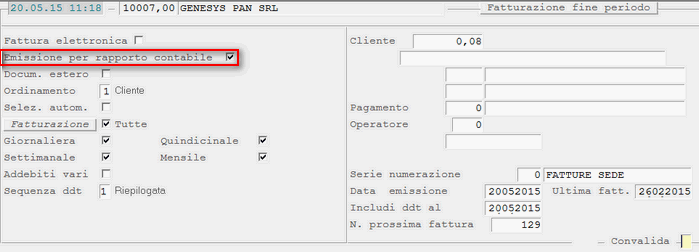Emissione Fatture differite per Rapporto Contabile: videata di selezione